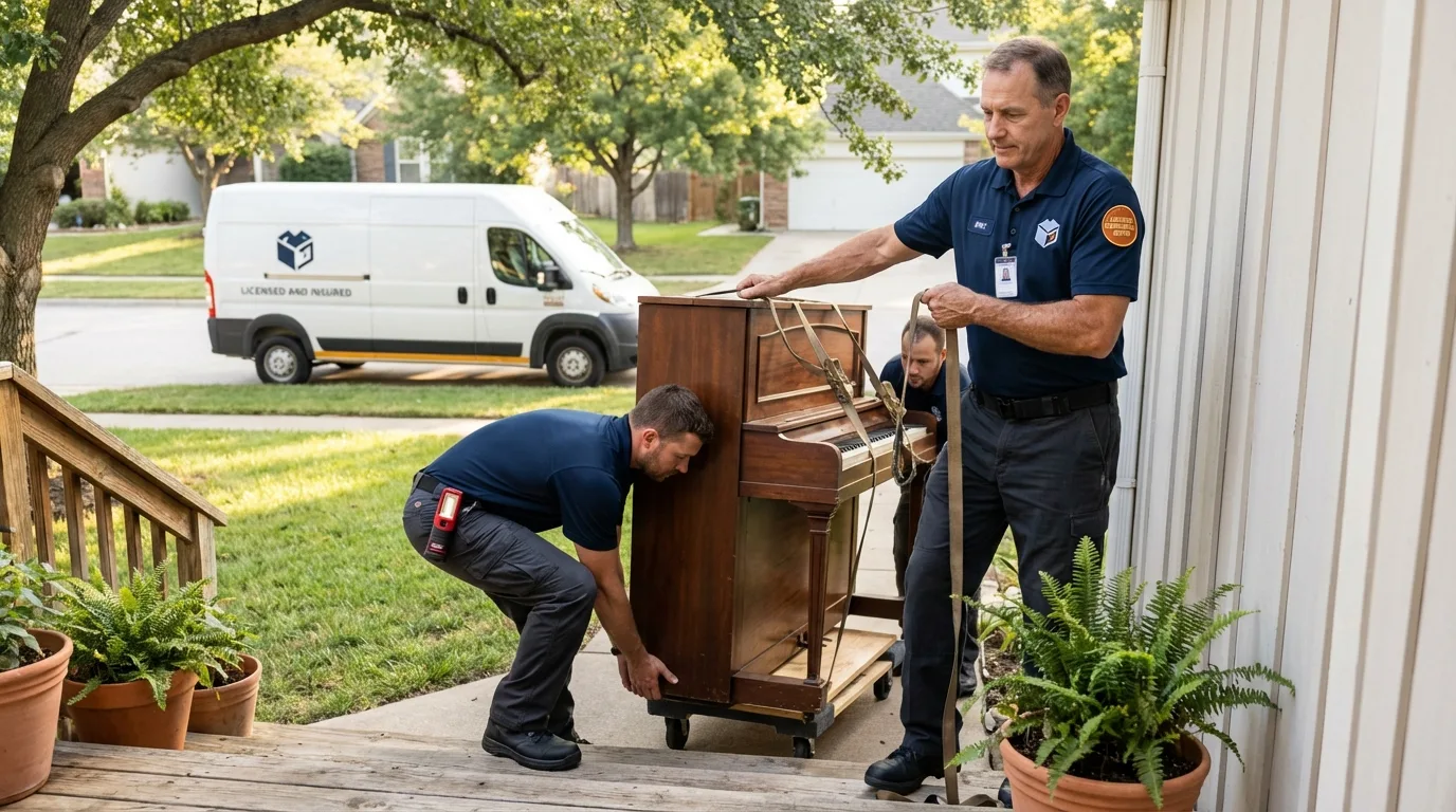 Licensed piano movers securing grand piano in El Dorado Springs, MO