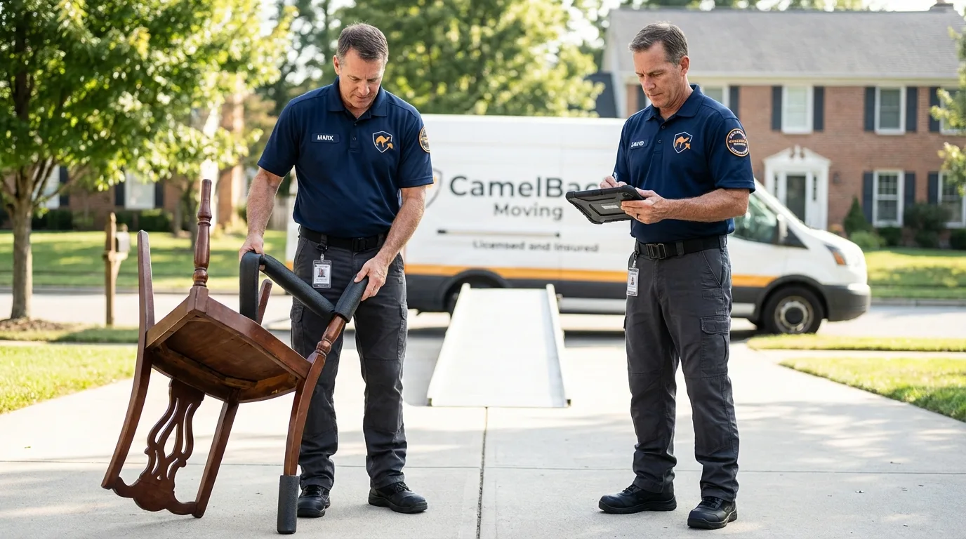 Movers inspecting furniture for damage prevention before loading in El Dorado Springs, MO
