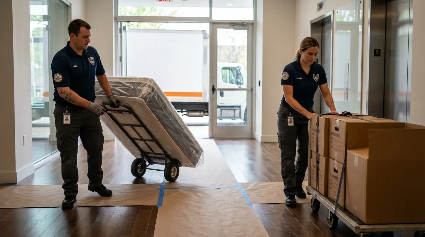 Professional apartment movers loading elevator in El Dorado Springs, MO