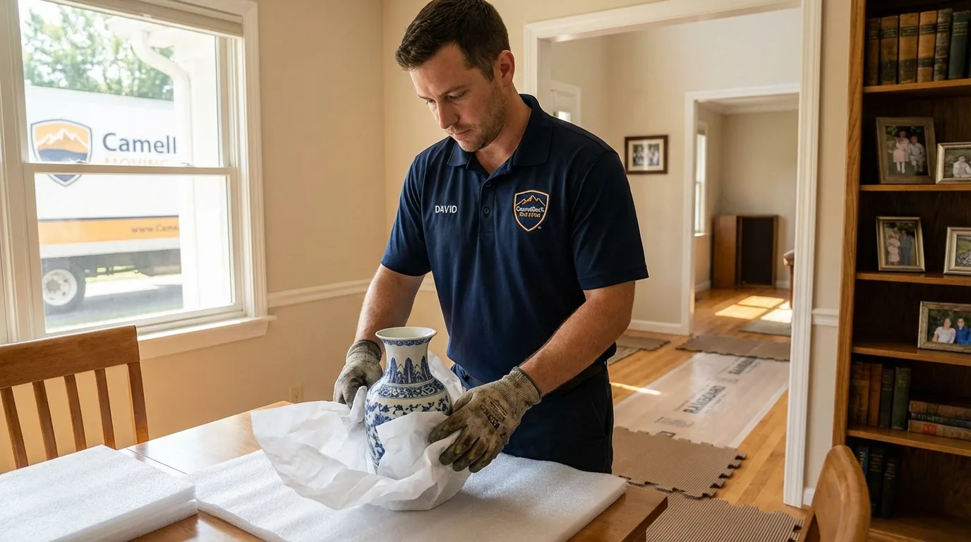 Professional crew carefully wrapping antique vase for senior downsizing move in El Dorado Springs, MO